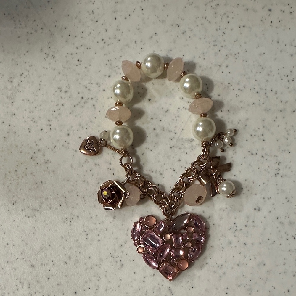 Betsey Johnson Pink Heart and Pearl Charm Bracelet